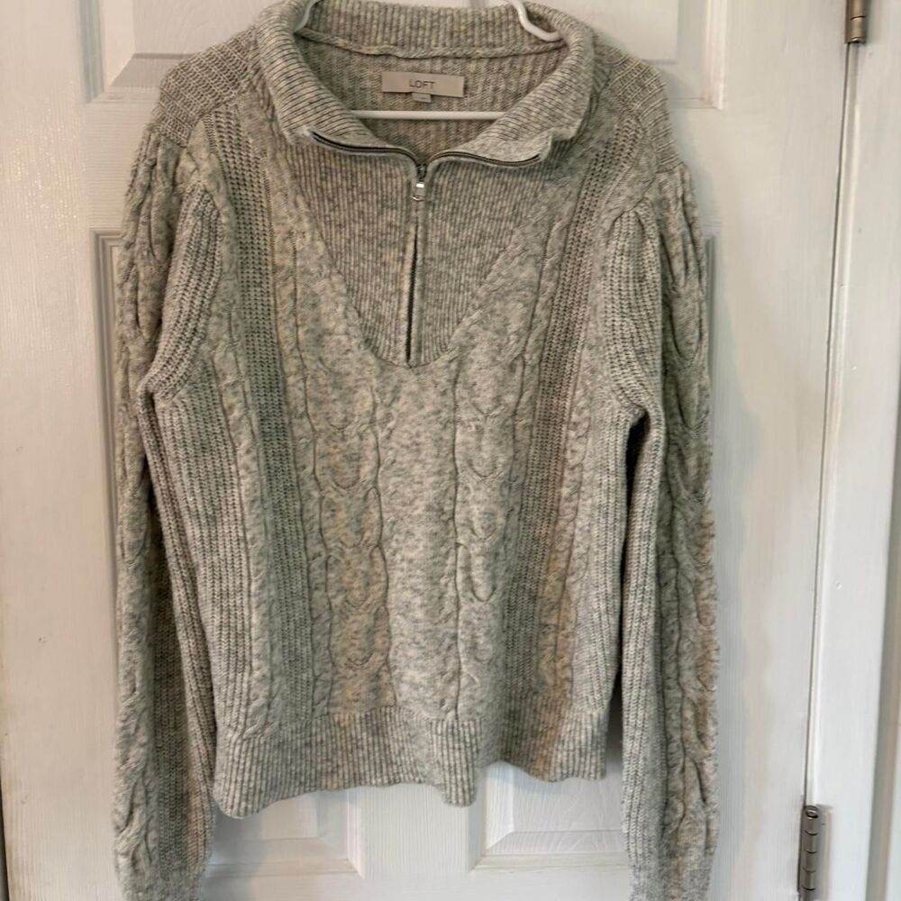 LOFT Cable Knit Quarter Zip Sweater Gray Cozy Preppy Cottagecore Large - Picture 6 of 6